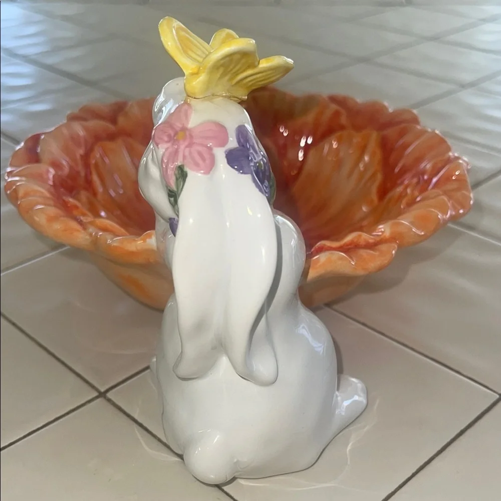 Pier 1 -Orange Floral Bowl with White Bunny